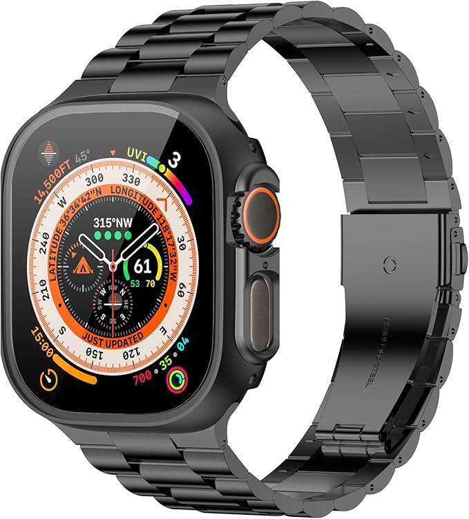 iiteeology Compatible with Apple Watch Band Ultra 3 Ultra 2 Ultra, Upgraded Stainless Steel Band with iWatch Screen Protector Case for Men Black/Black - Image 2