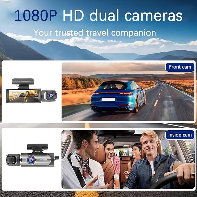 Dash Cam Front and Inside, 1296P Dual DashCams for Car, 3.16 Inch IPS Screen Driving Recorder with IR Night Vision, Loop Recording, Wide Angle Lens, 24H Parking Traffic Recorder with 32GB TF Card - Image 2