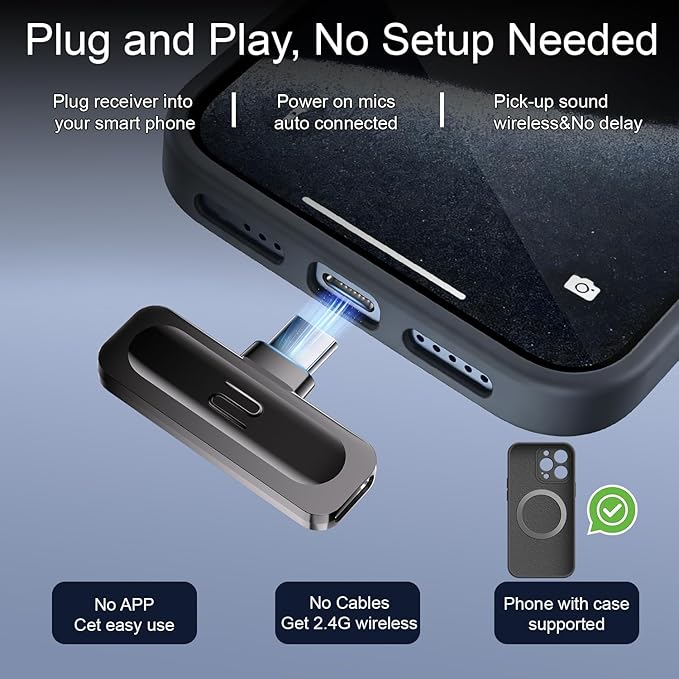2-Pack Wireless Mini Lavalier Lapel Microphone for iPhone 15,16,Android Phone w/ Charging Case - 65ft Cordless Clip on Dual Mics with Noise Reduction 6H Working Time for Video Recording Vlogging - Image 3