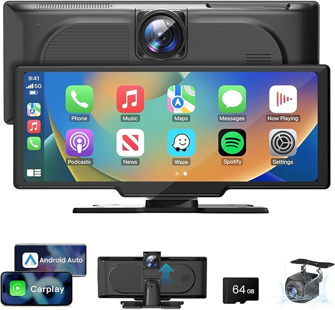 10.26 Inch Wireless CarPlay Screen - 4k Dash Cam Car Play & Android Auto Screen for Car, 1080p Backup Camera, Voice Control Mirror Link Bluetooth GPS Navigation Bluetooth Mirror Link by Unknown