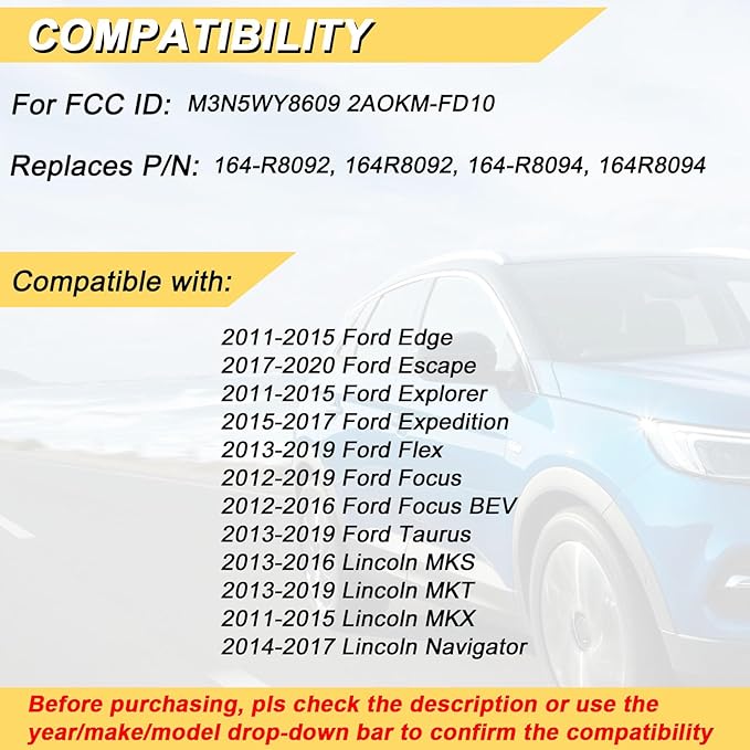 Vurkcy Key Fob Replacement for 2012-2019 Ford Focus/ 11-15 Edge Explorer/ 17-20 Escape/ 15-17 Expedition/ 13-19 Flex Taurus/Lincoln MKS MKT MKX Navigator Car Keyless,M3N5WY8609 M3N5WY8610, 2Pcs - Image 4