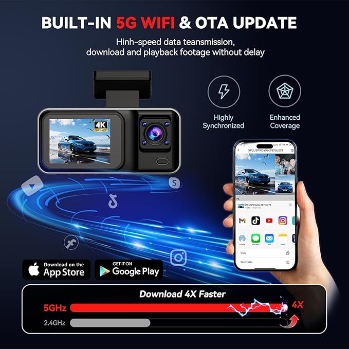 3 Channel 4K Dash Cam with 5GHz WiFi & APP Control, 4K+1080P+1440P Dash Cam Front and Rear Inside with 64GB Card, Dash Camera for Cars with Night Vision, Loop Recording, 24H Parking Mode, G-Sensor - Image 3