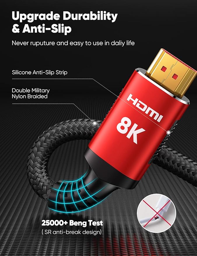 Snowkids 8K HDMI Cable 3.3FT/1M 2-Pack, Ultra High Speed 48Gbps HDMI Braided Nylon 2.1 Cord-4K120 144Hz 8K60Hz RTX 3090 eARC HDR10 4:4:4 HDCP 2.2&2.3 QMS VRR,Compatible for PS-5, PS-4, UHD TV and PC - Image 4