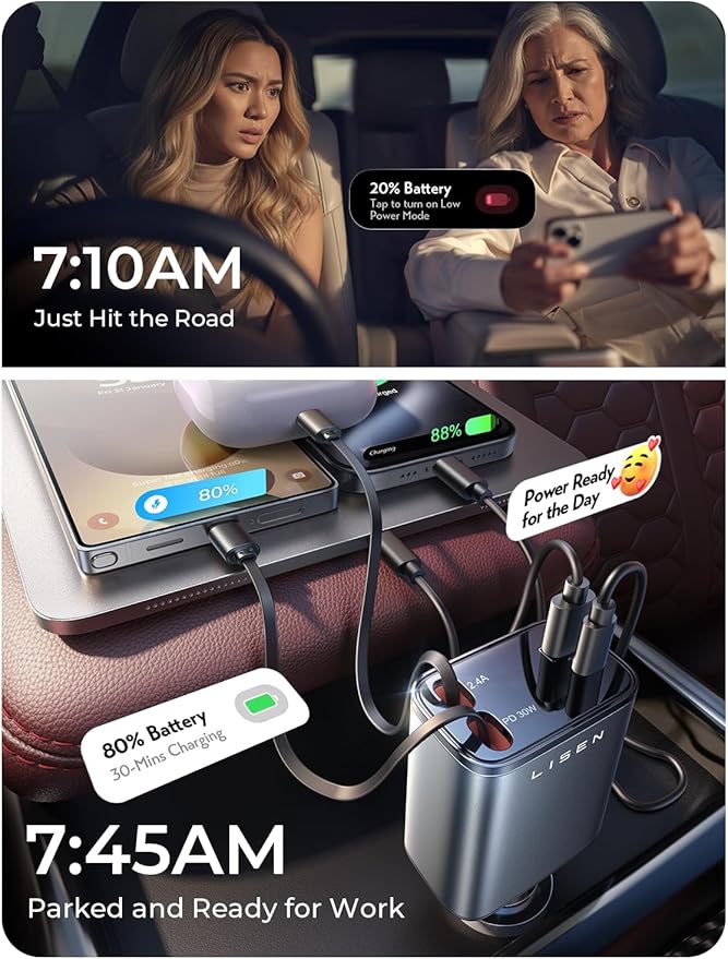 LISEN Retractable Car Charger 4 in 1 for Cars, 69W Retractable USB C Car Charger with 31.5in Cable, Fast Charging for iPhone 17 16 15 14 13 12 Pro Max Plus, Compact Cars Accessories for Daily Driving - Image 5