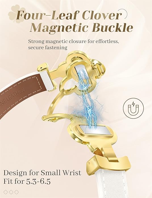 MOINSPIRE Designer Slim Leather Bands for Women,Lucky Four-Leaf Clover Cute Dressy Magnetic Watch Bands for iwatch Compatible with Apple Watch Series 11/10/9/8/7/6/5/4/3/2/1 SE 1/2/3 Ultra 1/2/3 - Image 2
