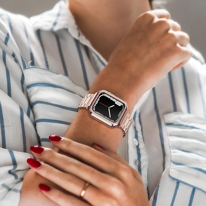 Designed for Apple Watch Band and Case, Stainless Steel Metal Chain with TPU Cover, Smart-Watch Link Bracelet Strap, Wrist-Band for i-Watch Series 9 8 7 6 5 4 3 2 1 SE, 45mm 44mm 42mm, Rose-Gold - Image 6