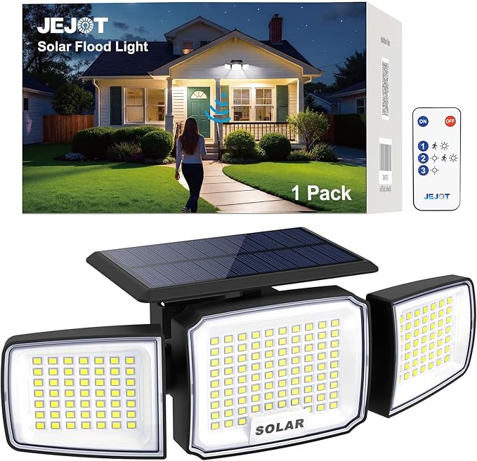 Solar Security Light Outdoor Super Bright LED, Motion Sensor Flood Light, 3 Heads 270° Wide Angle,Remote Control, IP65 Waterproof, 3 Modes (1 Pack) by JEJOT