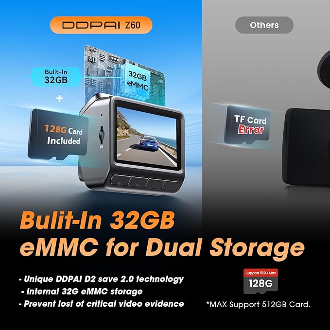 DDPAI 4K Dash Cam Front and Rear, Built-in 32G eMMC Dual Dash Camera for Cars, 128GB Card Included Dashcam,GPS, Night Vision,5G WiFi, 7-Days Parking Mode, 3" IPS, ADAS, WDR, Support 512GB, Z60 - Image 3