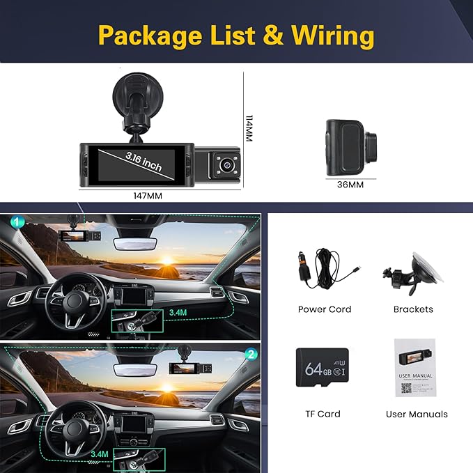 Hikity 3.16" 2 Channel Dash Cam 180° View Front and Rear Inside, 1080P Dash Camera for Cars Left Right, IR Night Vision, WiFi APP Control, G-Sensor, Loop Recording, with Free 64GB Card - Image 9