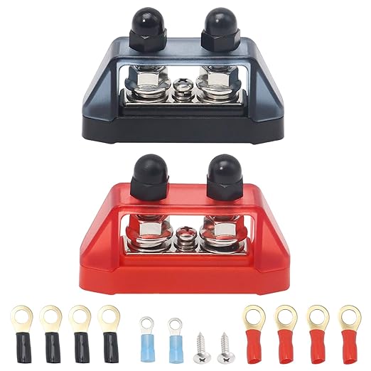 Recoil S2P-516 Busbar Dual 5/16” Studs and #8 Screw Terminal Power Distribution Block with Ring Terminals Pair Red & Black - Image 2