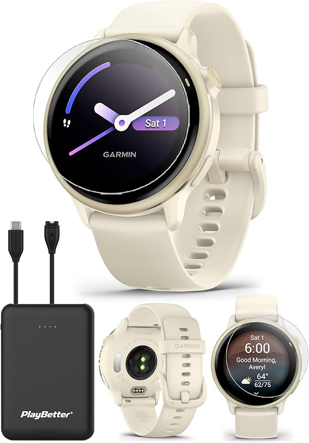 Garmin vivoactive 6 (Lunar Gold/Bone) Fitness GPS Smartwatch Bundle - AMOLED Health Watch, 11-Day Battery Life, Body Battery, Music Storage with PlayBetter Screen Protectors & Portable Charger by PlayBetter