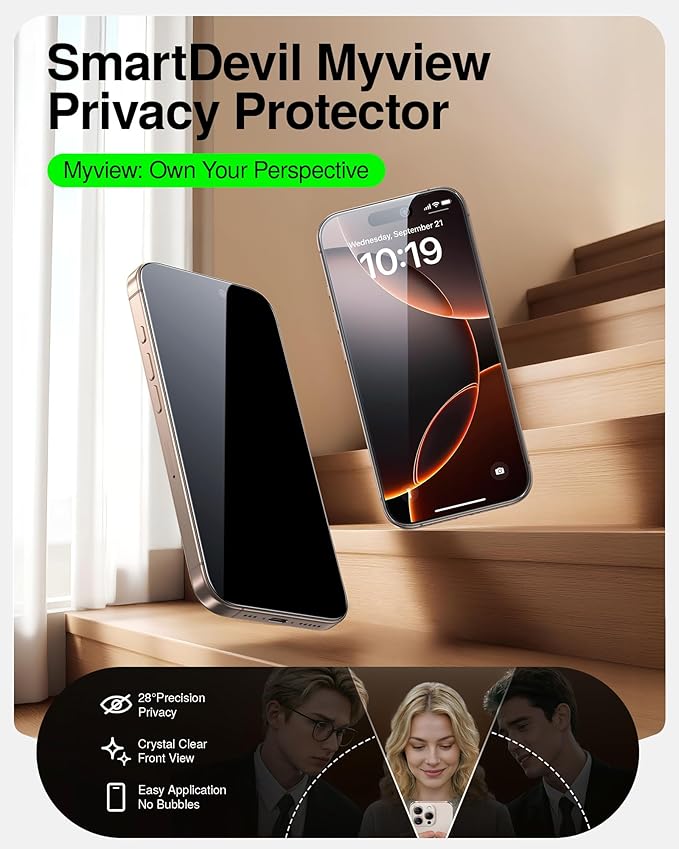 SMARTDEVIL 2 Pack Tempered Glass for iPhone 16 Pro Privacy Screen Protector, Military-Grade Shatterproof Protection, 9H Hardness, Anti-Spy Privacy Film, Fast & Easy Installation, Case Friendly Design - Image 2