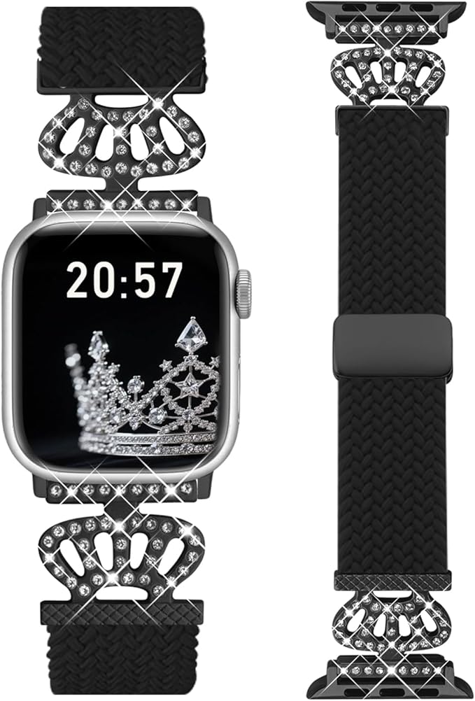 Braided Band Compatible with Apple Watch Bands 40mm 38mm 41mm 42mm 44mm 45mm 46mm 49mm,Magnetic Soft Nylon Stretchy Strap with Designer Bling Crown Strap for Series 10/9/8/7/6/5/4/3/2/SE/Ultra by CHINBER