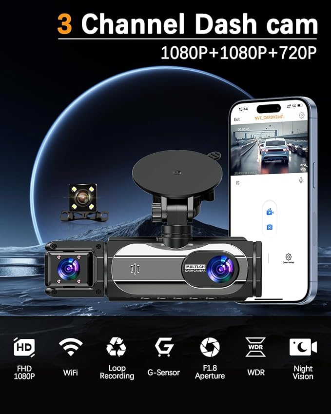 Dash Cam Front and Rear, 1080P Dash Camera for Cars, 3 Channel Car Camera Front Rear and Inside/Back with 32GB Card 5G Wireless WiFi, Loop Recording, Night Vision, HDR, G-Sensor, 24Hr Parking - Image 2