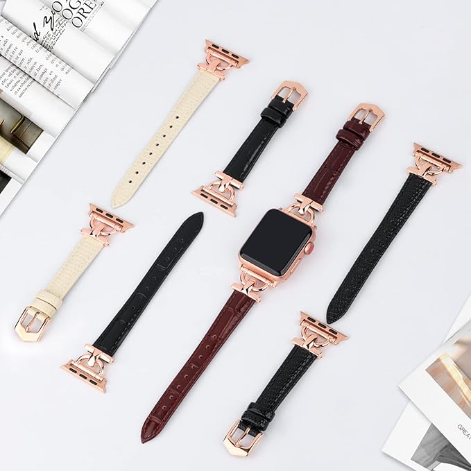Leather Band Compatible with Apple Watch Bands for Women, Dressy Fancy Strap for iWatch Series 11/10/9/8/7/6/5/4/3/2/1/se(38mm 40mm 41mm 42mm,Lizard Black/Rose Gold) - Image 5