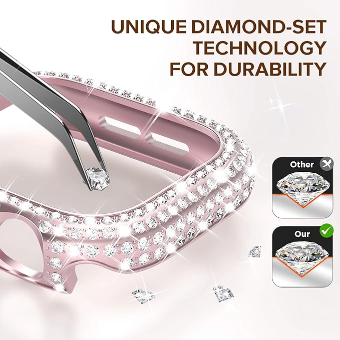 KADES Bling Case Compatible for Apple Watch Series 11/10 46mm, Sparkly Full Diamond Protective PC Bumper Cover, Rhinestone Frame for Women, 46mm-Original Pink - Image 4