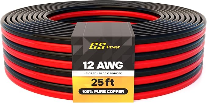 GS Power 12 Gauge Wire 25ft Oxygen Free, OFC Pure Copper Electrical 12v Low Voltage 12/2 Speaker Wire Spool, 12AWG for Electric, Automotive, Trailer, Stereo, RC, Car, Home Theater, LED, Lamp Wiring by GSPower