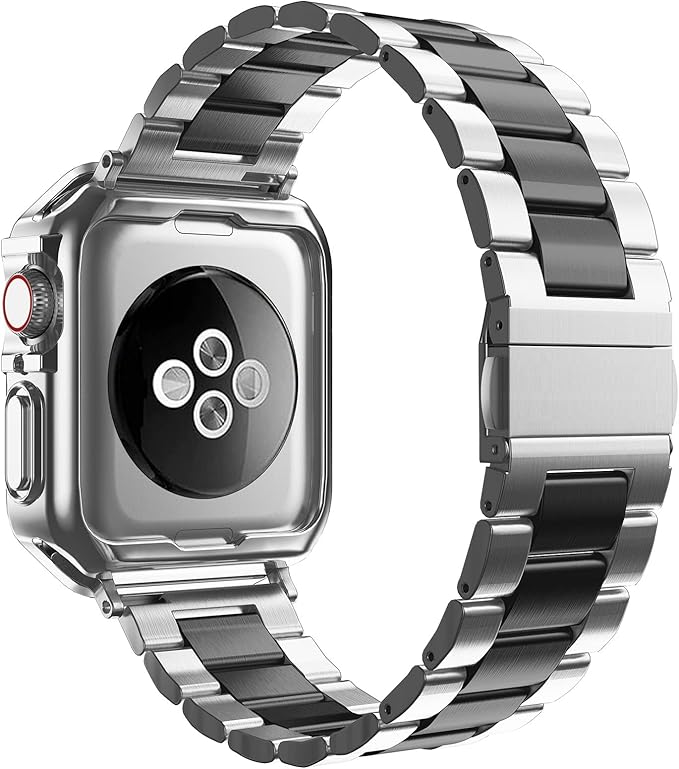 Designed for Apple Watch Band and Case, Stainless Steel Metal Chain with TPU Cover, Smart-Watch Link Bracelet Strap, Wrist-Band for i-Watch Series 9 8 7 6 5 4 3 2 1 SE, 45mm 44mm 42mm, Silver+Black - Image 2