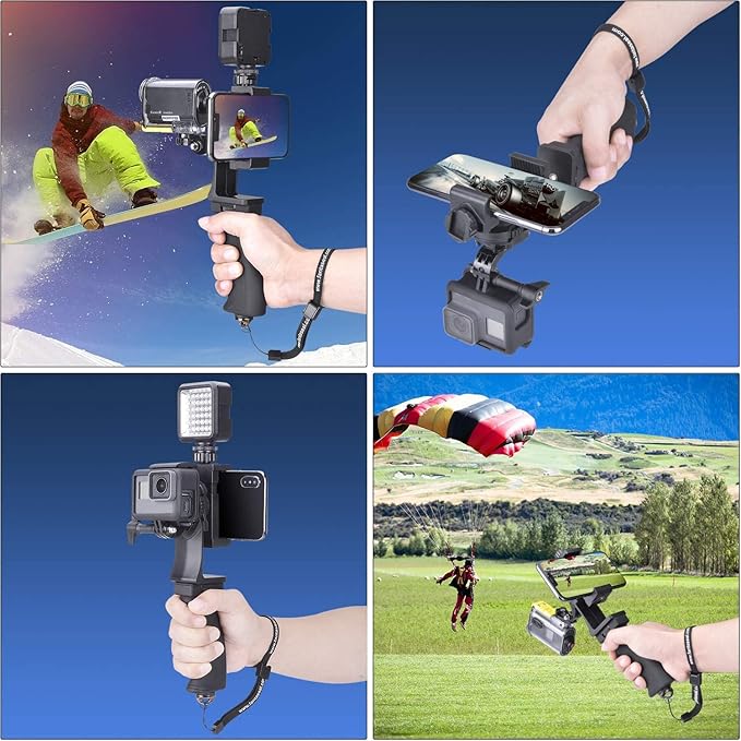 2in1 Ergonomic Portable Action Camera+Smartphone SYN Hand Grip Stabilizer Combo Mount Video Vlogging Rig Holder Kit for GoPro iPhone Interview Travel YouTube Tiktok Streaming-Mic+Light Adapter - Image 2