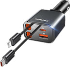 Retractable Car Charger【4-in-1 Fast Charging】 69W Cigarette Lighter Adapter USB C Car Phone Charger [2025 Ultra-Compact] USB C Cigarette Lighter Adapter for iPhone 16 Pro Max Galaxy S25 S24 Pixel by Coolpow