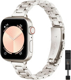 STIROLL Thin Replacement Band Compatible for Apple Watch 49mm Ultra 3 2 1, 46mm Series 11 10,45mm Series 9 8 7, 44mm Series 6 5 4 SE, 42mm Series 3 2 1, Stainless Steel Metal Wristband iWatch Bands for Women, Starlight(No Case) by STIROLLWatchBand