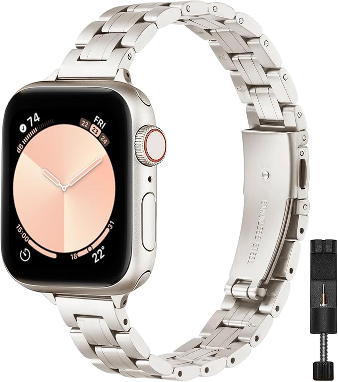 STIROLL Thin Replacement Band Compatible for Apple Watch 49mm Ultra 3 2 1, 46mm Series 11 10,45mm Series 9 8 7, 44mm Series 6 5 4 SE, 42mm Series 3 2 1, Stainless Steel Metal Wristband iWatch Bands for Women, Starlight(No Case) by STIROLLWatchBand