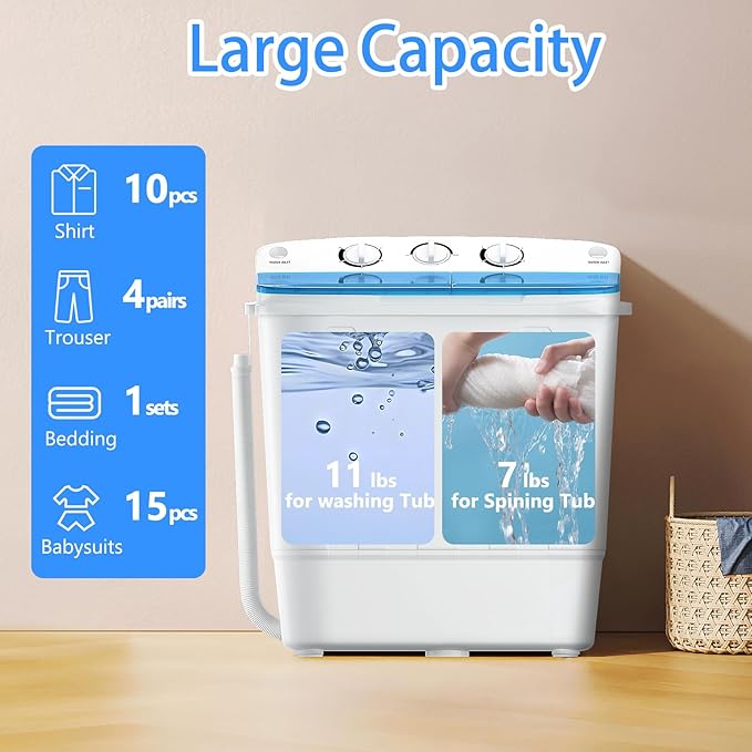 Portable Mini Twin Tub 18lbs Washing Machine With Drying Rack& 10 Hangers, 11lbs Washer & 7lbs Spinner, Small Laundry Washer with Time Control for Camping, Apartments, RV (18lbsBlue) - Image 5