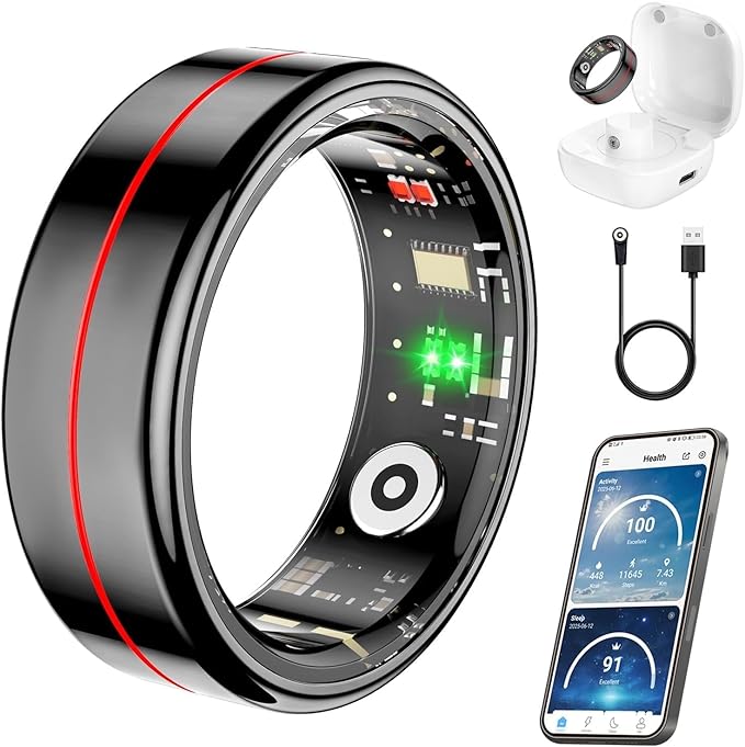 Fit Ring, Smart Health Rings for Women Men with Heart Rate,Blood Oxygen,HRV,Stress Level, Sleep Monitor, Step Tracker, No Subscription Fee, IP68 Waterproof Smart Ring for iphone &Android (Black, 9#) by Unknown