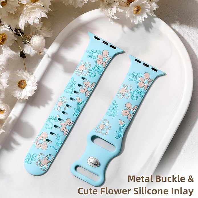 Witzon Floral Band Compatible with Apple Watch Bands For Women 40mm 41mm 38mm 42mm 44mm 45mm 46mm 49mm, Engraved Cute Flower Silicone Dressy Strap for iWatch Series 11 10 9 8 7 6 5 4 3 2 SE Ultra - Image 6