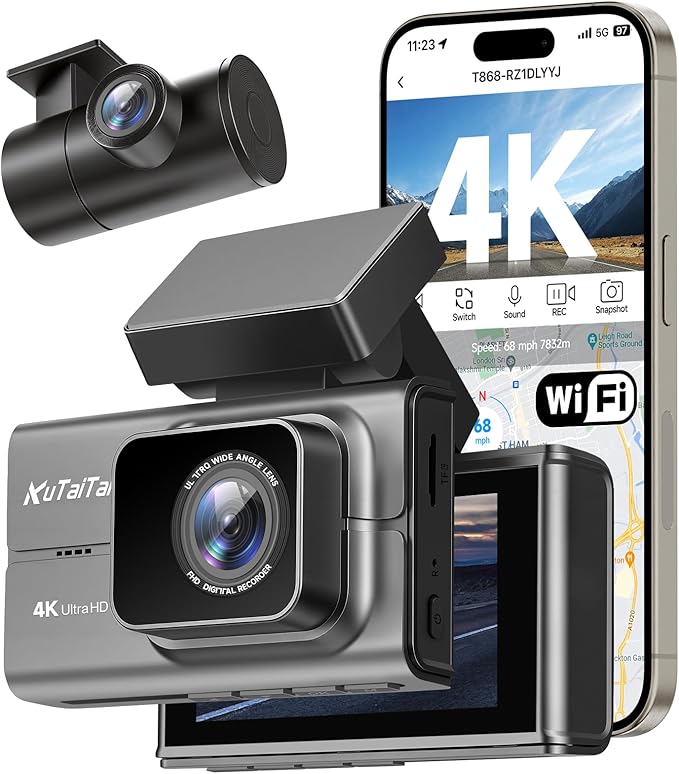 4K Dash Camera Front and Rear, HDR&WDR Night Vision, Dash cam with Built-in WiF, GPS, Car Dashcam with 3" Touch Screen, 170° Wide Angle, Loop Recording, 24H Parking Mode, Supports 512GB Max by kutaitai