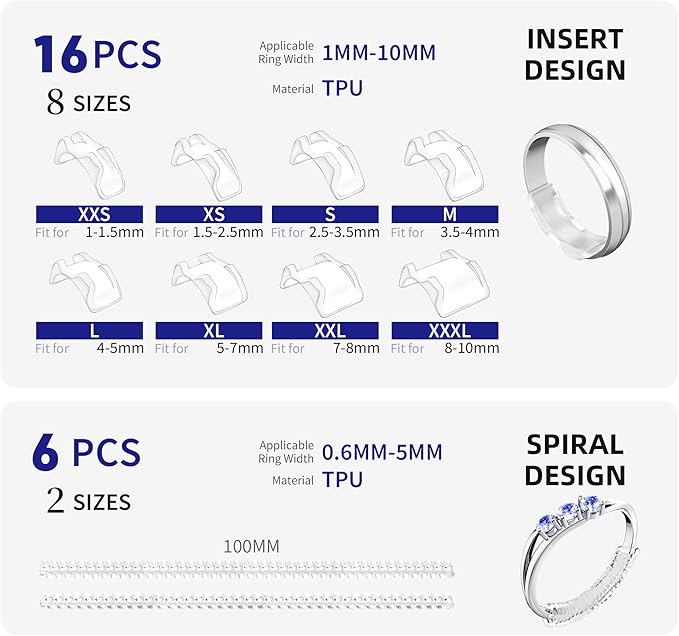 22 Pack Invisible Ring Size Adjuster for Loose Rings,2 Styles Ring Reducer Jewelry Guard Ring Resizer,Multiple 16 Inserts 8 Sizes and 6 Spirals 2 Sizes,Silicone Ring Tightener Fit for Almost Ring - Image 2