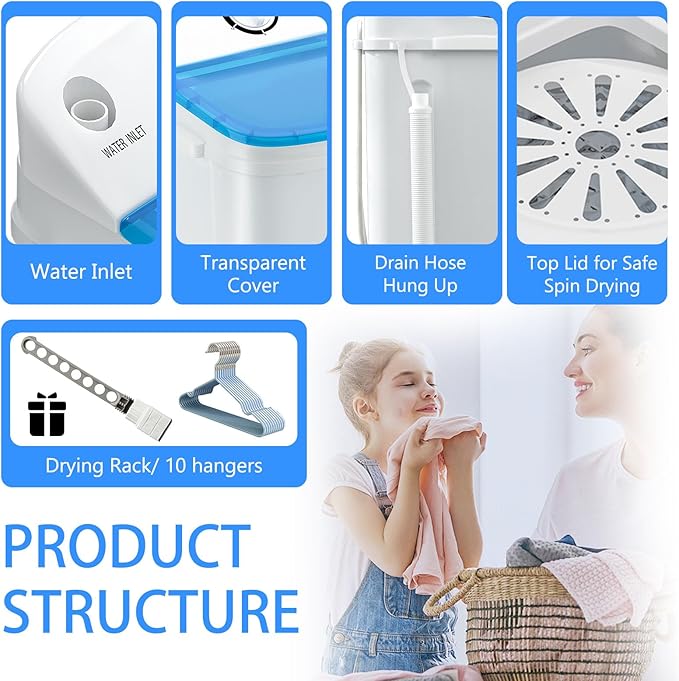 Portable Mini Twin Tub 18lbs Washing Machine With Drying Rack& 10 Hangers, 11lbs Washer & 7lbs Spinner, Small Laundry Washer with Time Control for Camping, Apartments, RV (18lbsBlue) - Image 2