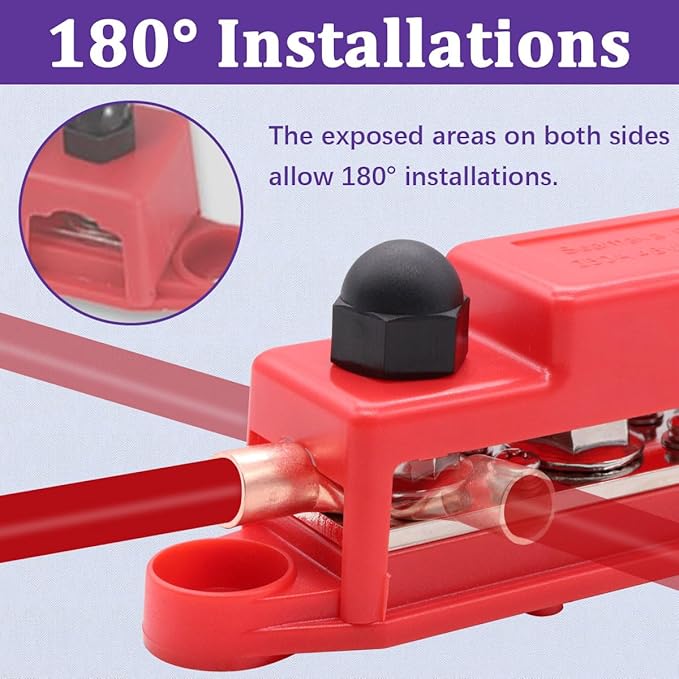 250A 12V Bus Bar Marine 12V,Power Distribution Block with Cover with 4 x 3/8”Post 6 x #8 Screws Terminals,Battery Bus Bar with 4PCS Battery Lugs and 4PCS Heat Shrink Tubing for Car Boat Solar Wiring - Image 4
