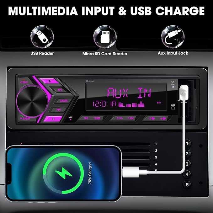 Single Din Car Stereo Bluetooth: 1-Din Car Radio Receiver - in Dash Digital Media MP3 Player LCD Display AM FM USB Fast Charging SD AUX 300W Amp Outputs - Image 4