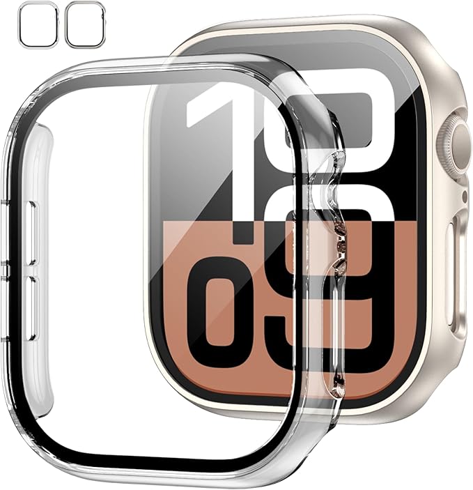 JZK 2 Pack Case with Tempered Glass Screen Protector for Apple Watch Series 11(2025) Series 10 46mm, Slim Guard Bumper Full Coverage Hard PC Ultra-Thin Cover for iWatch 11/10 46mm,Starlight+Clear by JZK