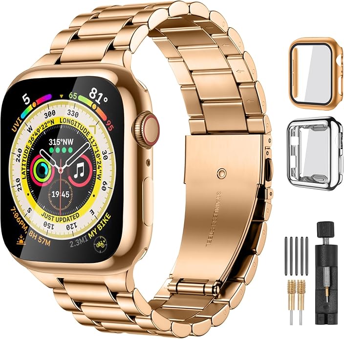 Lerobo Compatible with Apple Watch Band 44mm 42mm 40mm 38mm 41mm 45mm 46m 49mm, Solid Stainless Steel Metal Band with 2 Pack Protective Cover Case for iWtach Series 11 10 9 8 7 6 5 4 3 SE Ultra Men Women by Lerobo