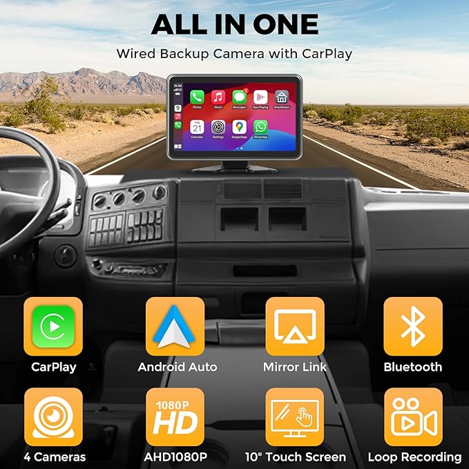 4 Channel Backup Camera Dash Cam System for Trucks, RVs, Trailers, Carplay & Android Auto, 10'' Touch Screen Monitor & DVR Recording, 4 HD1080P Wired Rearview Reverse Cameras IP68-rated.. - Image 2