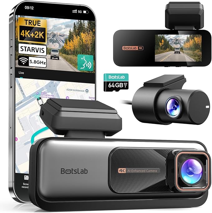 BOTSLAB 4K+2K Dual Dash Cam Front and Rear, Dashcam with Voice Control, STARVIS, ADAS Driver Alerts, Starry Night Vision, 24/7 Parking Monitor, 5.8GHz WiFi & GPS, Free 64GB Card, Loop Recording by BOTSLAB