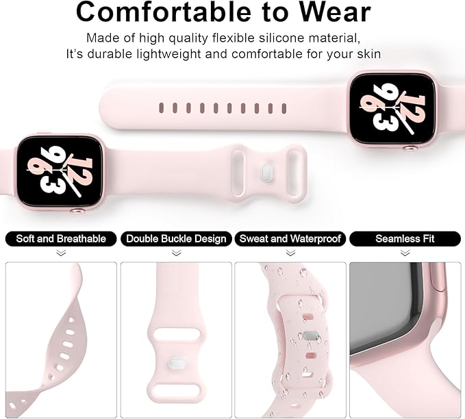 Sport Band Compatible with Apple Watch 38mm 40mm 41mm 42mm 44mm 45mm 46mm 49mm, Replacement Soft Silicone Strap Wristbands for iWatch Series 11/10/9/8/7/6/5/4/3/2/1 Ultra SE Women Men, Light Pink - Image 3