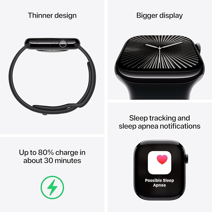 Apple Watch Series 10 [GPS 42mm] with Jet Black Aluminium Case with Black Sport Band - S/M. Fitness Tracker, ECG App, Always-On Retina Display, Water Resistant with AppleCare+ (2-years) - Image 3
