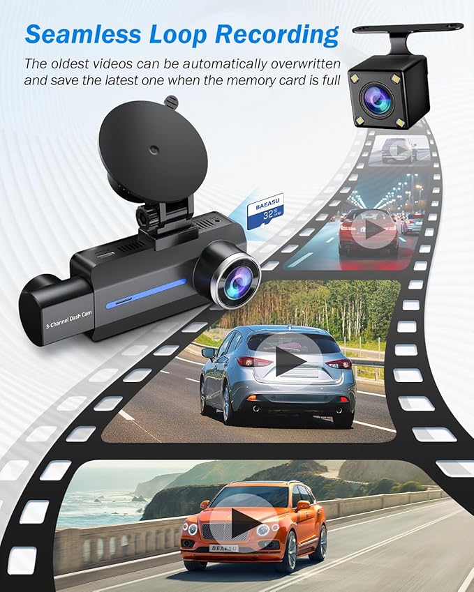 BAEASU Dash Cam Front and Rear 2.5K/1440P, 3 Channel Dash Camera for Cars Dash Cam Front Rear and Inside with 32GB Card, 3.16" IPS Screen, G-Sensor, Loop Recording, Night Vision, Parking Mode - Image 5