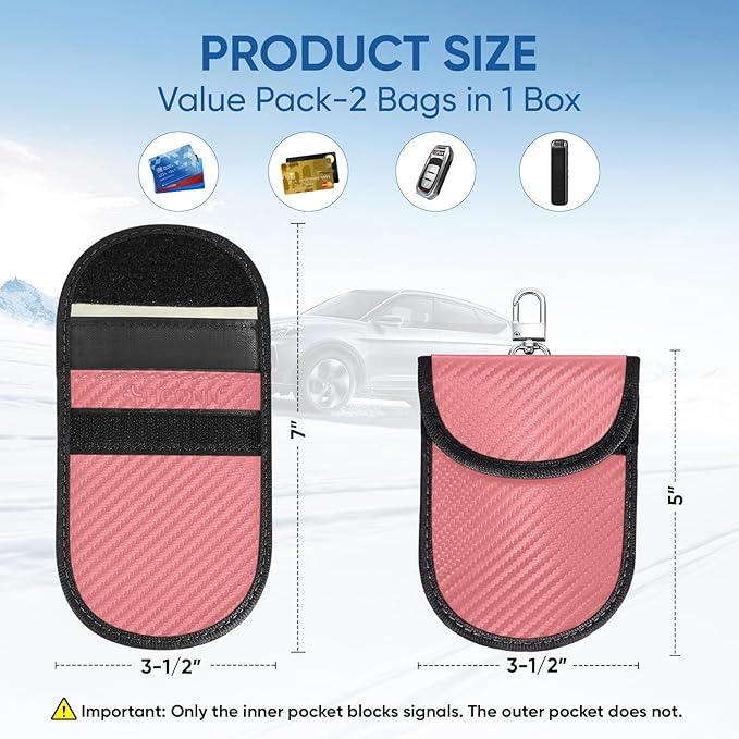 TICONN 2PK Faraday Bags for Car Keys Fob, 3.5"X5.0" Faraday Cage Protector, Car RFID Signal Blocking, Anti-Theft Pouch Anti-Hacking Case Blocker (Pink, M) - Image 5