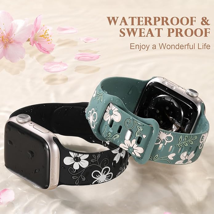 Witzon Floral Band Compatible with Apple Watch Bands For Women 40mm 41mm 38mm 42mm 44mm 45mm 46mm 49mm, Engraved Cute Flower Silicone Dressy Strap for iWatch Series 11 10 9 8 7 6 5 4 3 2 SE Ultra - Image 3