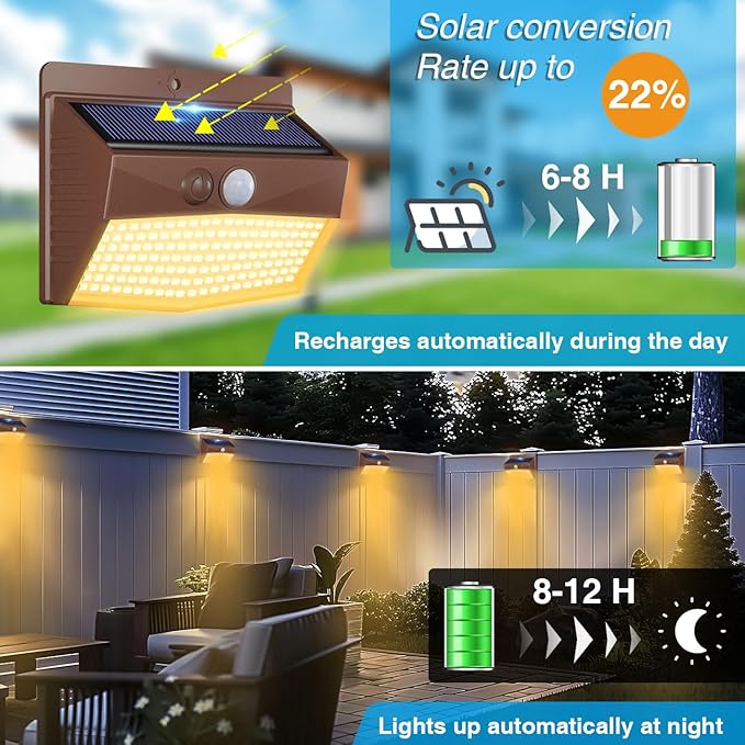Peasur 6 Packs Solar Outdoor Lights Motion Sensor Solar Security Lights Waterproof with 3 Lighting Modes Solar Powered Wall Lights Outside for Garden Fence Yard Deck, Brown Warm - Image 2