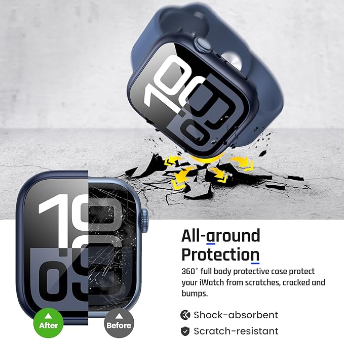 Goton 2 in 1 Waterproof Case Compatible for Apple Watch Series 11/10 Screen Protector 46mm, 360 Protective Glass Face Cover Hard PC Bumper + Back Frame for iWatch Accessories 46 mm - Image 6