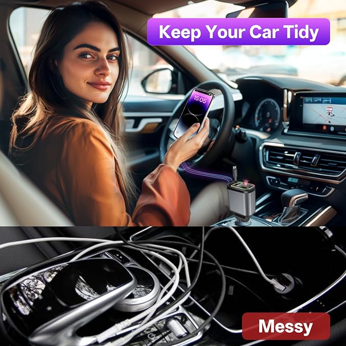 BERTHALESS Retractable Car Charger, 4 in 1 Fast Charging Car Charger USB-C & USB-A Compatible with iPhone 16/15/14/13/12/11,Galaxy,Pixel - Image 4
