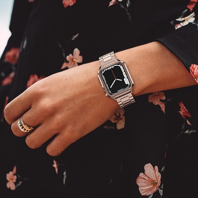 Designed for Apple Watch Band and Case, Stainless Steel Metal Chain with TPU Cover, Smart-Watch Link Bracelet Strap, Wrist-Band for i-Watch Series 9 8 7 6 5 4 3 2 1 SE, 45mm 44mm 42mm, Rose-Gold - Image 7