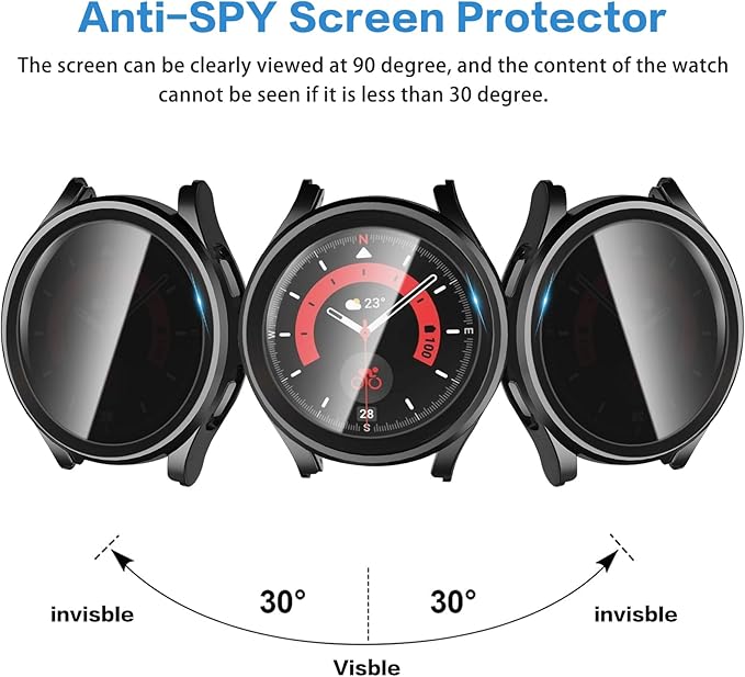 Suoman 2+2 Pack for Samsung Galaxy Watch 5 Pro 45mm Case, [Anti-peeping] 9H Tempered Glass Privacy Screen Protector, All-Round PC Matte Protective Cover Bumper -Black+Black - Image 5