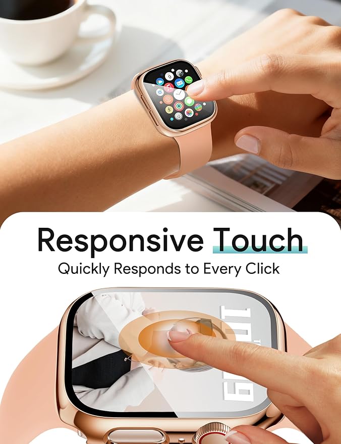 JR.DM 40mm 2 Pack Hard PC Case with HD Tempered Glass Screen Protector for Apple Watch Series 6/5/4/SE/SE2/SE3, Guard Bumper Full Protective Anti-Scratch Face Cover for iWatch, Glossy Rose Gold+Clear - Image 4