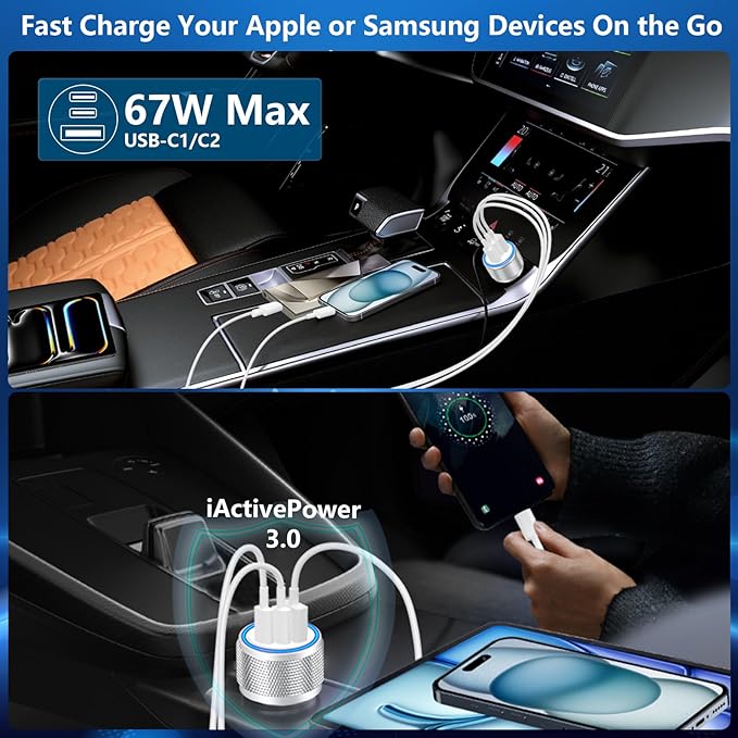 [Apple MFi Certified] iPhone 17 Car Charger, Rombica 3-Port 67W Dual USB-C&USB-A Car Power Cigarette Lighter PD/QC Type-C Fast Car Charger with Type-C Cable for iPhone 17/17 Pro Max/16 Pro/15 Pro/iPad - Image 6
